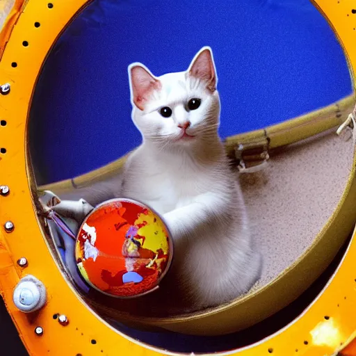 Image similar to astronaut cat on board the sputnik 2, holding a cute cat in his paws, earth can be seen from the round space window, realistic, photo, detailed