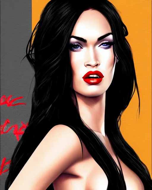Image similar to closeup portrait beautiful seductive megan fox with long windblown hair in a black party dress in standing on a street in chinatown, red lipstick, glamour pose, detailed illustration, digital art, trending on artstation, arney freytag, frank miller, moebius, graffiti, gta v,