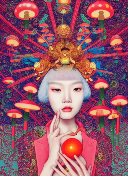 Prompt: pretty chinese model with hallucination mushroom : : by martine johanna and simon stalenhag and chie yoshii and casey weldon and wlop : : ornate, dynamic, particulate, rich colors, intricate, elegant, highly detailed, vogue, harper's bazaar art, fashion magazine, smooth, sharp focus,