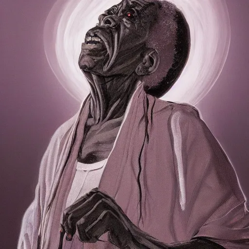 Image similar to a painting of a wise elder from Kenya by Kara Walker. dramatic angle, ethereal lights, details, smooth, sharp focus, illustration, realistic, cinematic, artstation, award winning, rgb , unreal engine, octane render, cinematic light, macro, depth of field, blur, red light and clouds from the back, highly detailed epic cinematic concept art CG render made in Maya, Blender and Photoshop, octane render, excellent composition, dynamic dramatic cinematic lighting, aesthetic, very inspirational, arthouse.