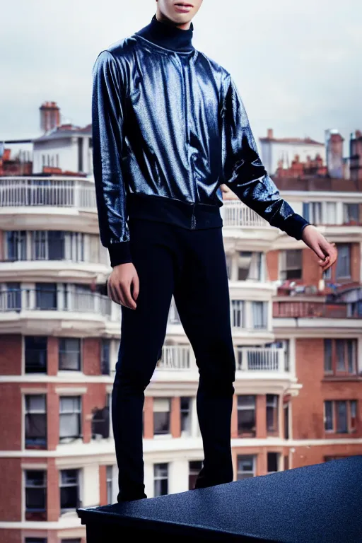 Image similar to un ultra high definition studio quality photographic art portrait of a young man standing on the rooftop of a british apartment building wearing soft padded silver pearlescent clothing. three point light. extremely detailed. golden ratio, ray tracing, volumetric light, shallow depth of field. set dressed.