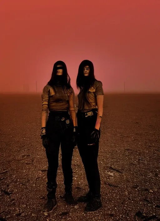 Prompt: cinestill 5 0 d photographic portrait of two loving female androids wearing rugged black techwear on a desolate plain with a red sky, extreme closeup, lizard on ground, cyberpunk style, in front of a brutalist dark metal facility, dust storm, 3 5 mm, 8 k, hd, f / 3 2, high resolution, ultra realistic faces