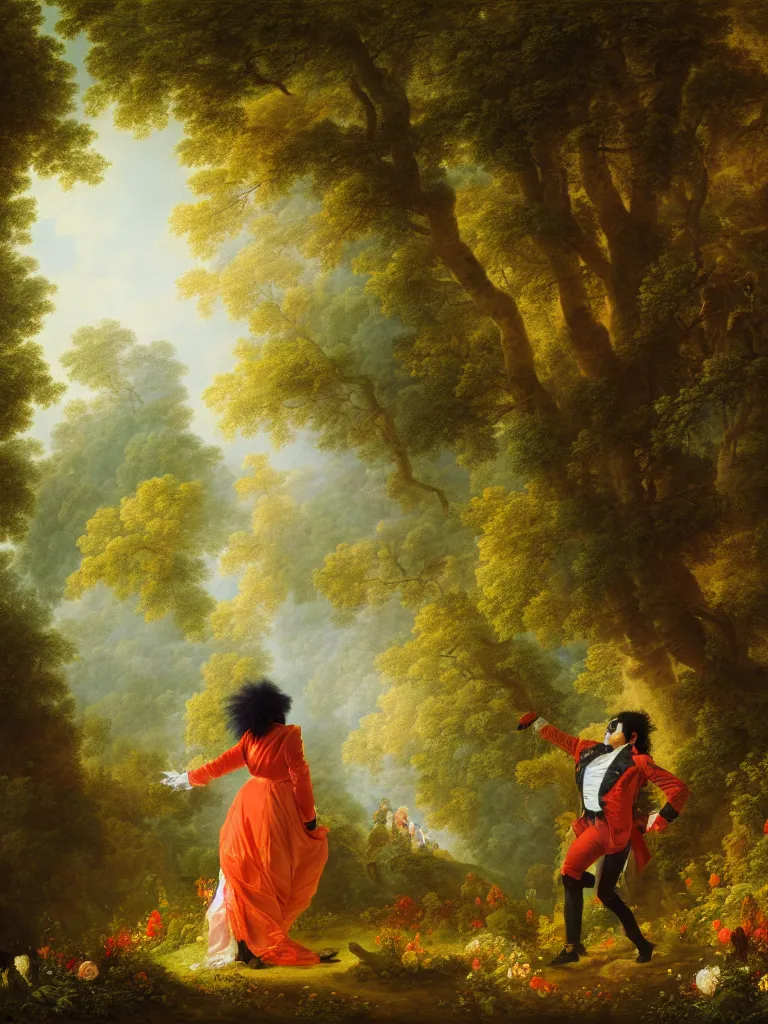 Image similar to painting portrait of michael jackson in a romantic forest, volumetric light, afternoon, light wind, wild flowers, john longstaff, jean - honore fragonard, francois boucher, anna dittmann, 4 k, 4 k