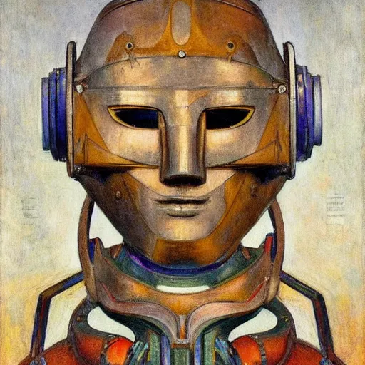 Image similar to the robot in her mechanical mask, by Annie Swynnerton and Diego Rivera, in profile, symbolist, dramatic lighting, elaborate geometric ornament, Art Brut ,god rays, soft cool colors,smooth, sharp focus, extremely detailed, Adolf Wölfli