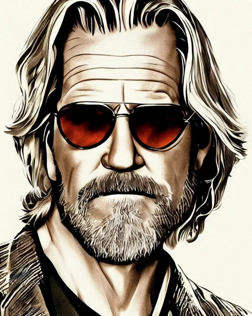 Image similar to cel - shaded portrait character art of jeff bridges in big lebowski, art, key art, movie poster