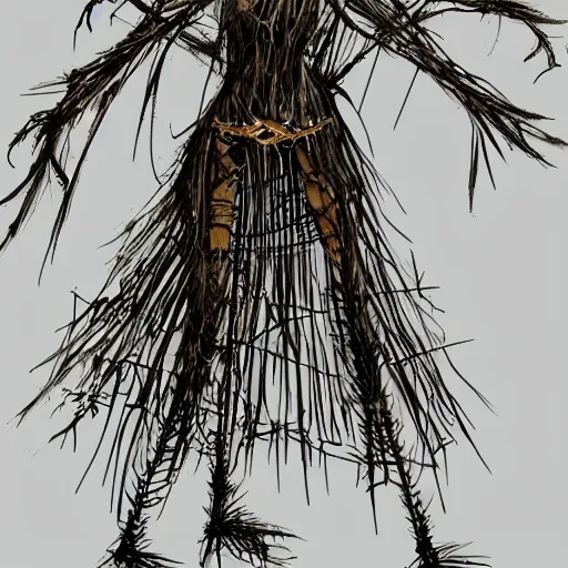 Prompt: concept art of a scary female scarecrow made of twigs metal bars and old clothes