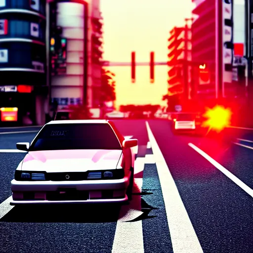 Prompt: a car drifting JZX100 in middle of road, shibuya prefecture, city sunset, cinematic color, photorealistic, highly detailed, bokeh, DOF, octane render