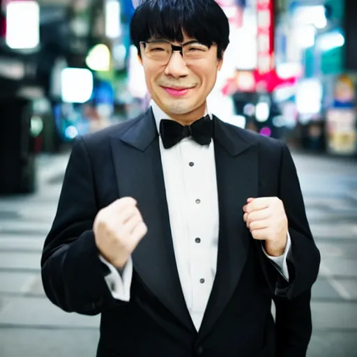 Prompt: night portrait of an good looking adult asian man wearing a tuxedo in the streets of akihabara, depth of field bokeh, award winning photo, color graded, soft focus, high detail, sigma lens 7 0 mm