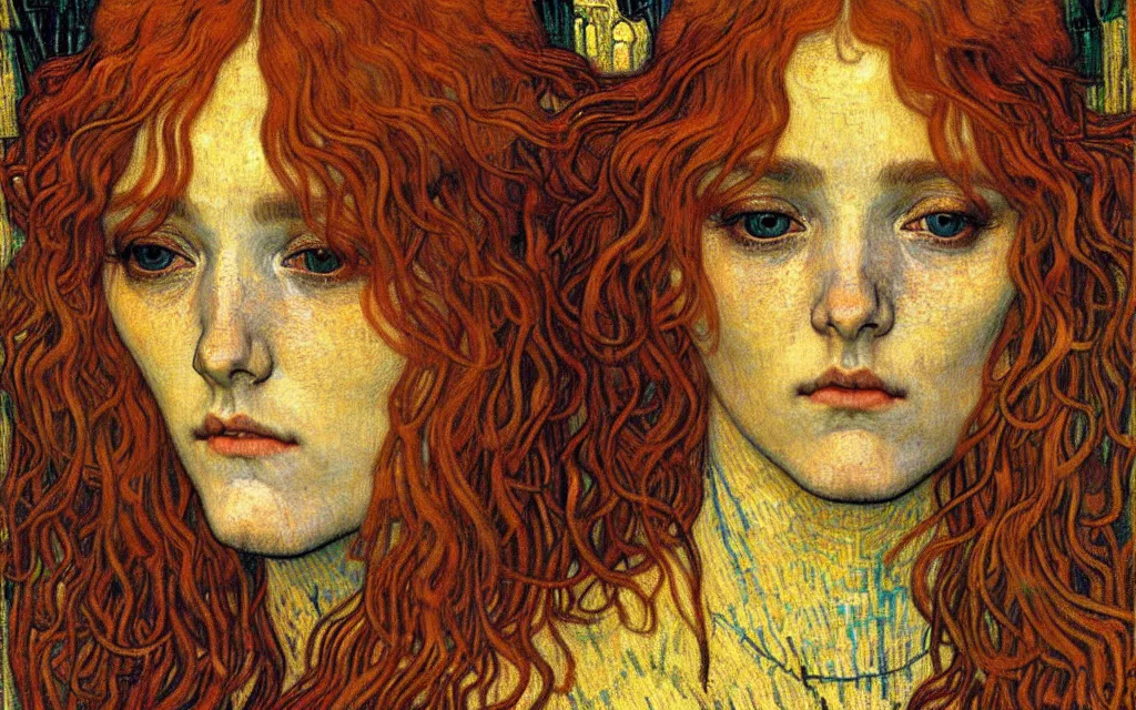 Image similar to detailed realistic beautiful young medieval queen face portrait by jean delville, gustav klimt and vincent van gogh, art nouveau, symbolist, visionary, gothic, pre - raphaelite, muted earthy colors, desaturated