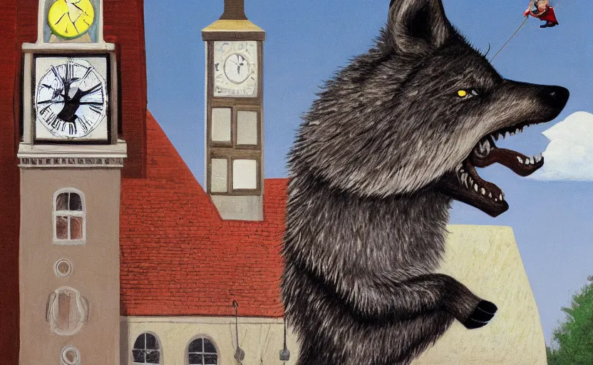 Prompt: a boy fighting a wolf on the edge of a clocktower, by oliver jeffers, gouche, print