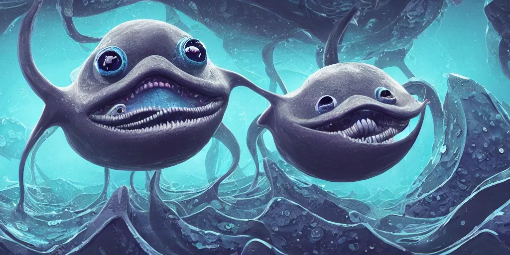 Image similar to of an intricate deep sea with strange cute friendly happy creatures with huge eyes, long tongue, round teeth and goofy funny face, appearing from the background, in the style of gehry and gaudi, macro lens, shallow depth of field, ultra detailed, digital painting, trending artstation, concept art, illustration, cinematic lighting, photorealism, epic, octane render