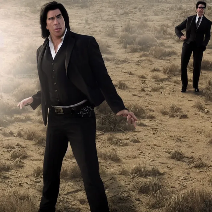 Image similar to a john travolta as vincent vega suprised gesture nobody there ghost town tumbleweed bushes on ground shrugging hand at waist level. standing in black suit high noon, highly detailed, photorealistic, octane render, 8 k, unreal engine, art by todd mcfarlane, artgerm, greg rutkowski, alphonse mucha