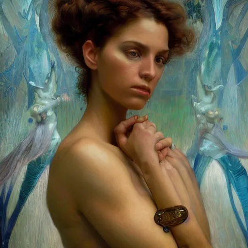 Prompt: a portrait of a beautiful fierce female nymph, detailed, centered, digital painting, artstation, concept art, donato giancola, Dante Gabriel Rossetti, alphonse mucha, Joseph Christian Leyendecker, WLOP, Boris Vallejo, Annie Leibovitz and Steve McCurry, David Lazar, Jimmy Nelsson, Breathtaking, 8k resolution, extremely detailed, beautiful, establishing shot, artistic, hyperrealistic, beautiful face, octane render