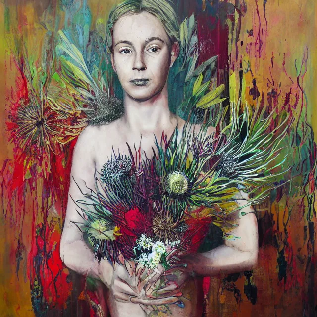 Prompt: “ a portrait in a female art student ’ s apartment, australian wildflowers, sensual, queer woman, flax, flannel flower, bottlebrush, eucalyptus, art supplies, a candle dripping white wax, clay, squashed berries, berry juice drips, acrylic and spray paint and oilstick on canvas, surrealism, neoexpressionism ”