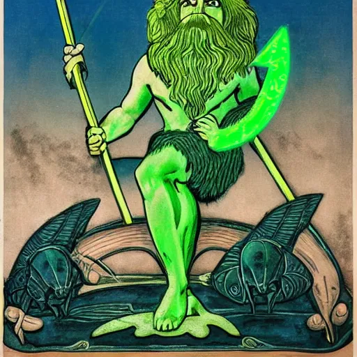 Prompt: by bill medcalf, by milo manara decorative neon green. a performance art of a mythological scene. large, bearded man seated on a throne, surrounded by sea creatures. he has a trident in one hand & a shield in the other. behind him is a large fish. in front of him are two smaller creatures.