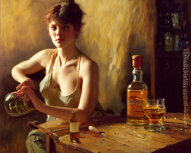 Image similar to an exhausted rhino girl in her studio with a bottle of whisky. highly detailed painting by gaston bussiere, craig mullins, j. c. leyendecker 8 k