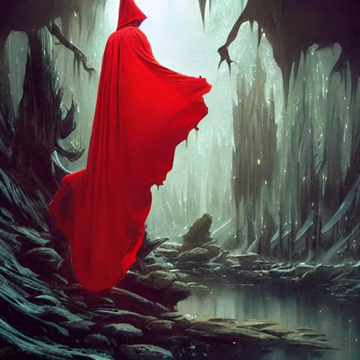 Image similar to fantasy painting with a wizard in red robes in a surreal environment by greg rutkowski and michael whelan w 1 0 2 4