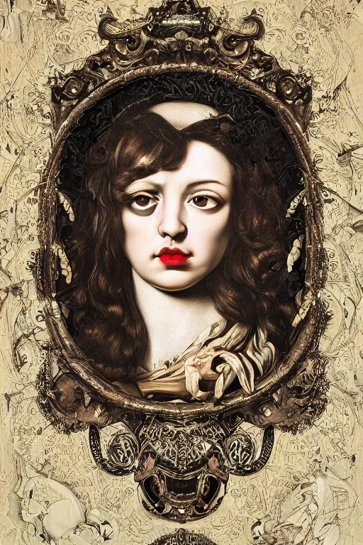 Image similar to Detailed maximalist portrait with large lips and with large eyes, angry expression, HD mixed media, 3D collage, highly detailed and intricate illustration in the style of Caravaggio, dark art, baroque