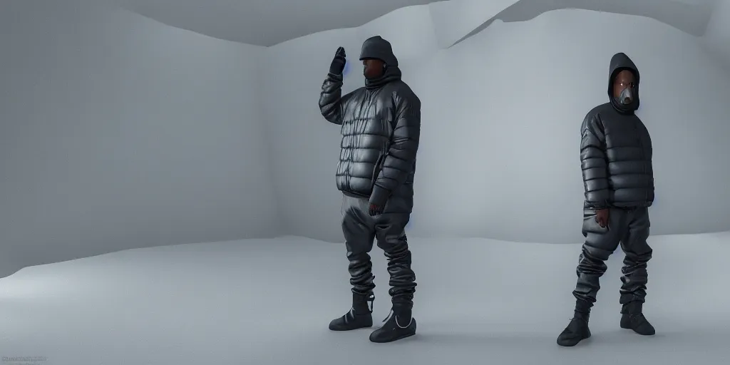 Image similar to kanye west using a full face covering black mask, a small, tight, undersized reflective bright blue round puffer jacket made of nylon, reflective jeans pants made of nylon and big black balenciaga rubber boots in 3 d, blender, octane render, 3 d render, realistic, unreal engine, trending on sketchfab, studio light, 4 k, 8 k