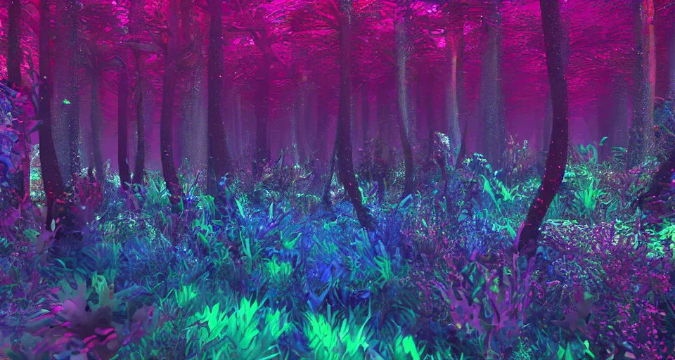 Image similar to 3d Render of colorful deep sea forest, grainy, noisy