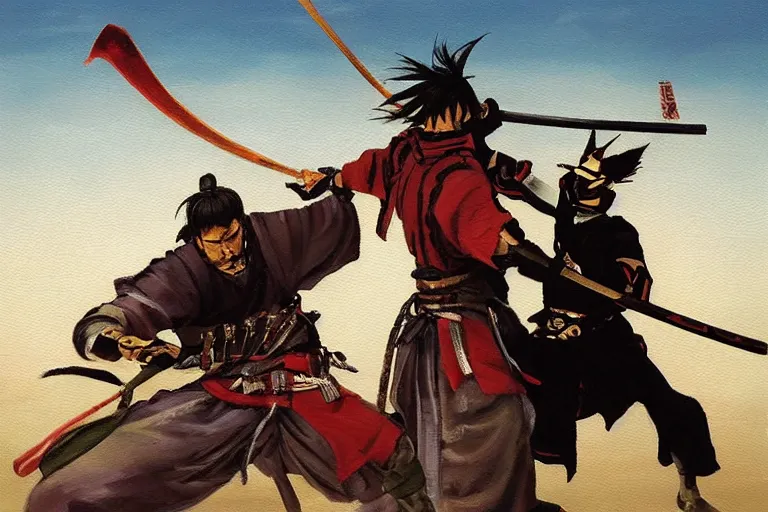 Image similar to epic and cinematographic samurai duel, a painting by mark zug and Daryl Mandryk,