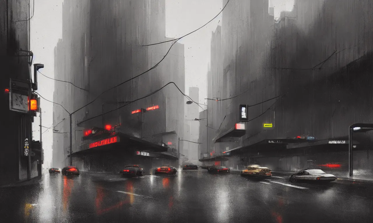 Image similar to high resolution photograph, streetscape, simple brutalist architecture, metal, concrete, wet streets, white neon lights, neon signs, flying cars, pedestrians, greg rutkowski, syd mead, ralph mcquarrie, concept art, matte painting, finely detailed, minimal artifacts, rule of thirds, dynamic lighting, cinematic, denoised, centered, artstation