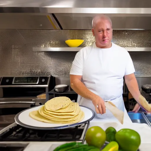 Image similar to middle aged white man making tacos in a big kitchen