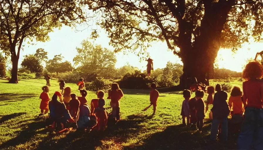 Image similar to 1990s candid photo of a beautiful day at the park, cinematic lighting, cinematic look, golden hour, large personified fruit people in the background, Enormous fruit people with friendly faces, kids talking to fruit people, UHD