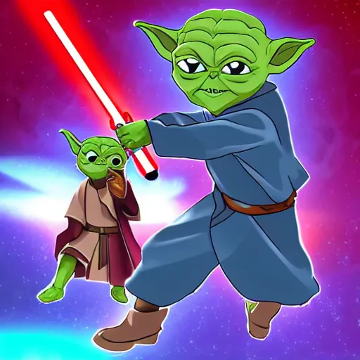 Image similar to Yoda obi wan lightsaber battle, dramatic duel of the fates, in the style of pokemon, cartoon, bright colours