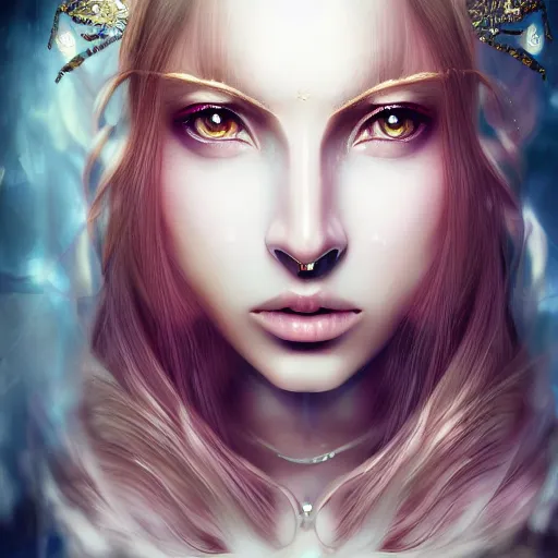 Image similar to human portrait, ethereal, face, crystal, intrincate, cgsociety, devianart, ornate, maximalist, fine art, golden details