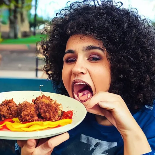 Image similar to curly haired mixed Hispanic 20 year old with a huge underbite looks in awe at a gigantic feast in front of him