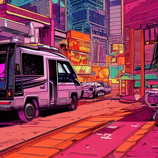 Prompt: painting of an RV in a cyberpunk city by Laurie Greasley, hyper detailed, vivid colors