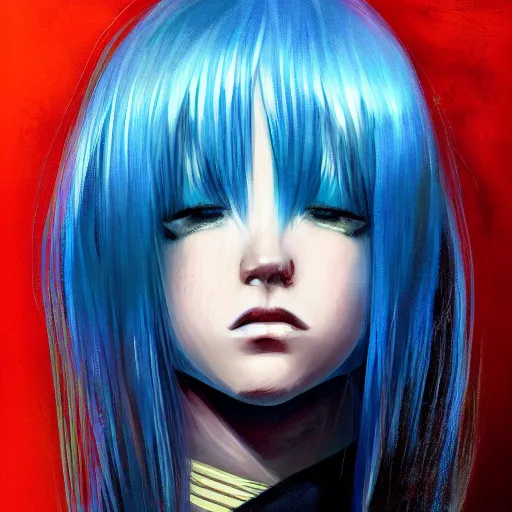 Image similar to profile shot of rimuru tempest, sky blue straight hair, long bangs, gold eyes, wearing a black jacket with white stripes, high collar, ultra detailed, wild brush strokes, digital painting, cinematic, wlop, artgerm, pixiv, yoshitaka amano, greg rutkowski, ilya kuvshinov, andy warhol