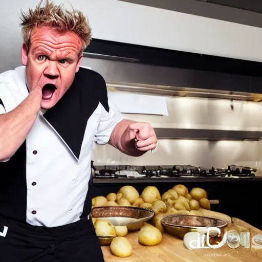 Image similar to Extremely angry Gordon Ramsey is yelling at a potato, studio photography