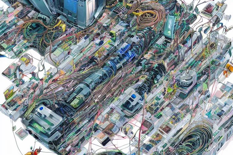 Prompt: an extremely beautiful cyberpunk illustration of parts of female androids' bodies lying scattered across an empty white background with cables and wires coming out, by katsuhiro otomo and masamune shirow, hyper-detailed, colorful, bird view