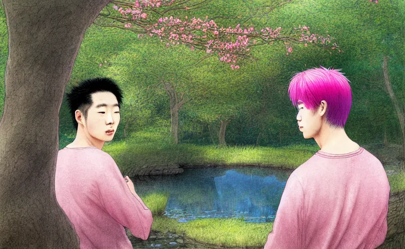 Image similar to pink haired young asian man backlit staring at black haired young asian man from across a pond, by alan lee, muted colors, springtime, colorful flowers & foliage in full bloom, sunlight filtering through trees & skin, digital art, art station cfg _ scale 9