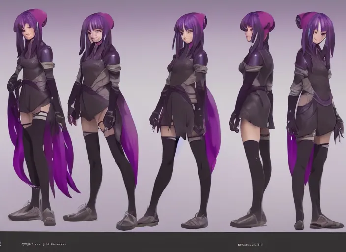 Image similar to character sheet for a cute girl for genshin impact by greg rutkowski, black to purple fade hair, sorcerer magic witch, by studio ghibli, digital art, trending on artstation, hd, 8 k, highly detailed, good lighting, beautiful, masterpiece