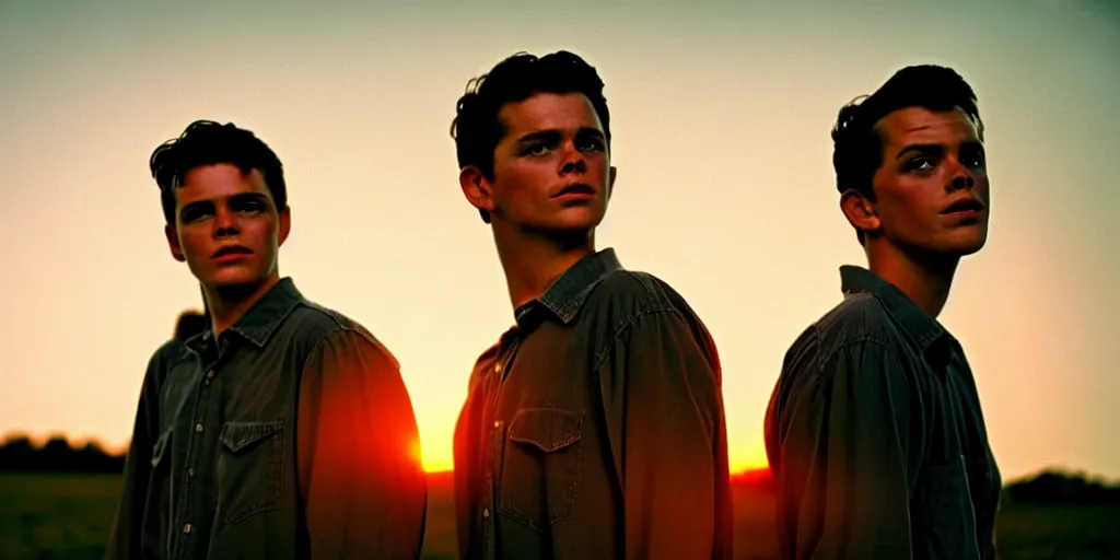 Image similar to the sunset's two brothers, outside in a farm, medium close up shot, depth of field, sharp focus, waist up, movie scene, anamorphic, hyper realistic, handsome, cinematic lighting, two people, costume art direction style from the movie the outsiders