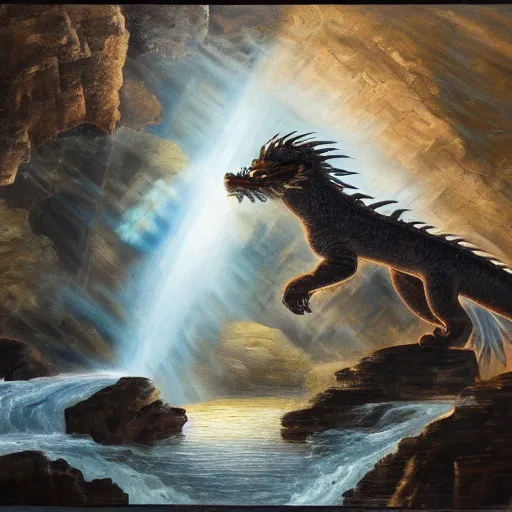 Image similar to oil painting of a dragon flying in the air near a cave with a waterfall in the center, light emanating from the waterfall leading to a big pool of water, dragon has black and white siberian tiger stripes, elegant, sharp focus, wide shot, clear, detailed, early renaissance