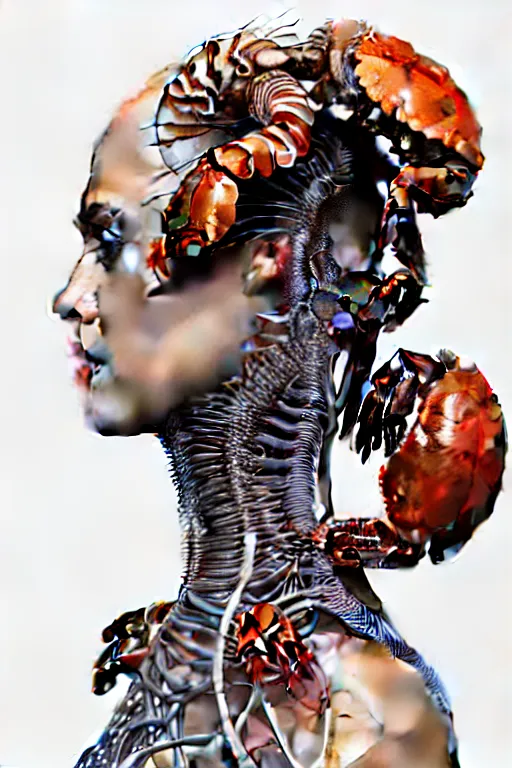 Prompt: 3 d render, biomechanical beautiful young female cyborg with a porcelain profile face, analog, shrimp, squid, crawfish, jellyfish, hexagonal mesh fine wire, sinuous fine roots, alexander mcqueen, art nouveau fashion embroidered, steampunk, mandelbrot fractal, picture taken in 1 9 3 0