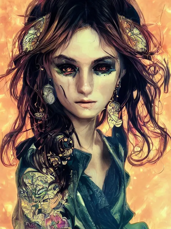 Image similar to digital illustration of a girl with eyes that burn like cigarettes wearing a short skirt and a long jacket with fingernails that shine like justice, dramatic lighting, photorealistic, extreme detail, 4 k, colorful, artgerm and alphonse mucha