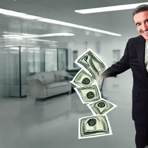 Image similar to happy man in a suit with machine that throws money