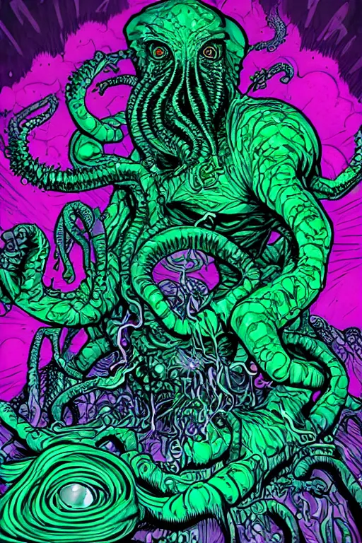 Image similar to comic art portrait of jewel fluorescent evil cthulhu in the style of Rob Lefield and Dan Mumford , trending on artstation, digital art,surrealism ,macro,blueprint ,vaporwave , black outline