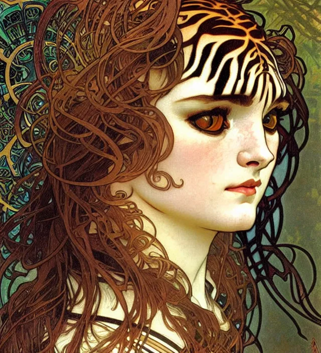 Prompt: realistic detailed face portrait of a tigress by alphonse mucha, ayami kojima, amano, greg hildebrandt, mark brooks, and ernst haeckel, golden ratio, face in focus, art nouveau, neo - gothic, gothic, neoclassical,