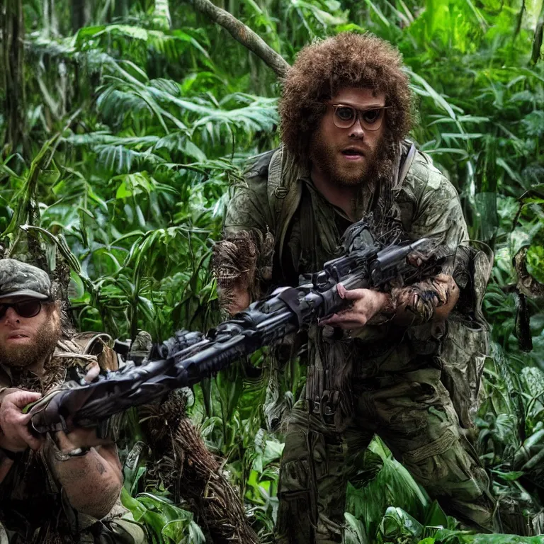 Prompt: seth rogan in the movie predator with rifle in the jungle, photo - realism, realism, predator, jungle camo