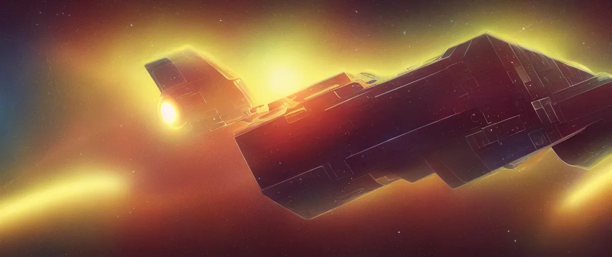 Image similar to illustration, a single small spaceship, deep space exploration, alone, the expanse tv series, industrial design, colorful hull, cinematic lighting, 4k, greebles, widescreen, wide angle, sharp and blocky shapes, hubble photography, the final frontier, beksinski, neon lights