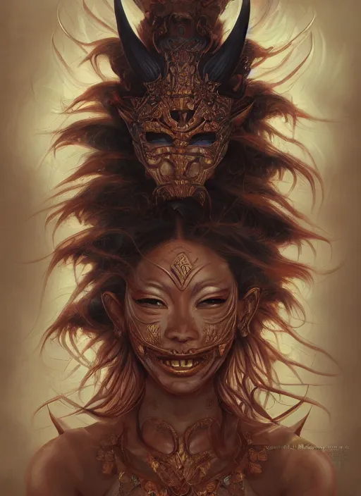 Prompt: a beautiful detailed oil on copper art illustration of a japanese kokushikijo mask devil woman, centered, by charlie bowater, zeng fanzh, trending on artstation, dim dusk lighting, cinematic lighting, detailed lighting, volumetric lighting, realistic, f 8, 4 k hd wallpaper