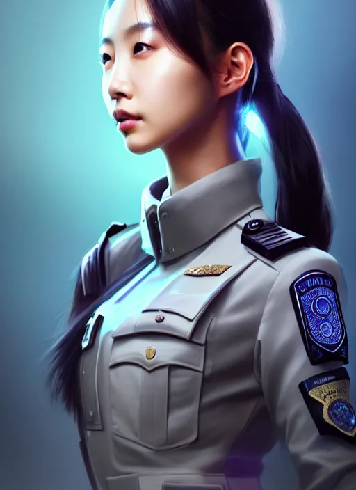 Image similar to portrait of angelababy, futuristic hong kong police uniform girl, au naturel, hyper detailed, digital art, trending in artstation, cinematic lighting, studio quality, smooth render, unreal engine 5 rendered, octane rendered, art style by klimt and nixeu and ian sprigger and wlop and krenz cushart