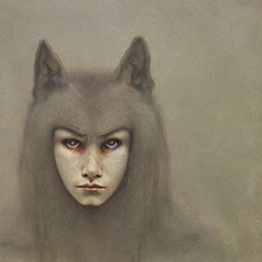 Prompt: portrait painting of 16 years old werewolf ((((((girl)))))), by Beksinski