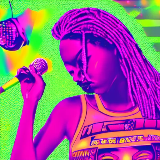 Prompt: beautiful black woman rapping into microphone, wild crowd, hip hop vaporwave, abstract background, neon, photo, detailed, 4k